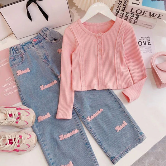 2024 Spring Autumn Girls Clothing Set Wide Leg Jeans 2Pcs