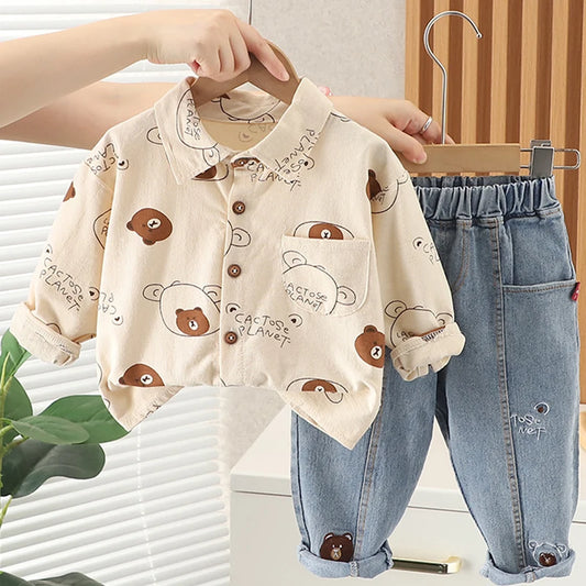 2024 Spring Autumn Clothing Set Cartoon Bear Long Sleeve Shirt +Jeans 2Pcs